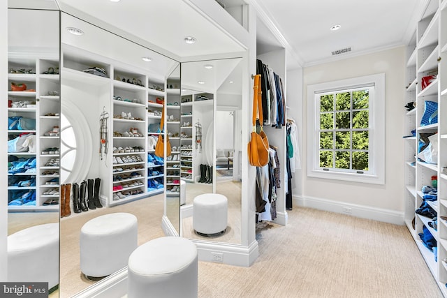 spacious closet featuring light colored carpet