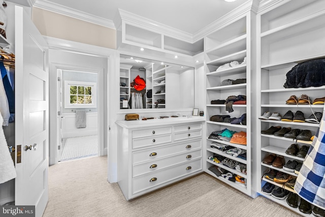 walk in closet featuring light colored carpet