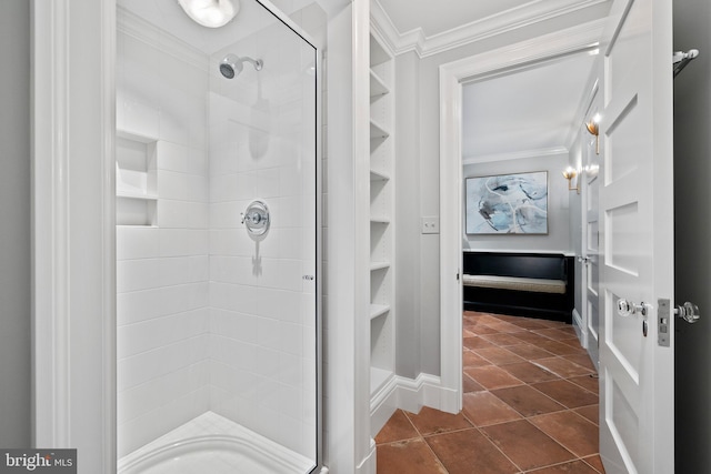 bathroom with crown molding, plus walk in shower, and tile patterned floors