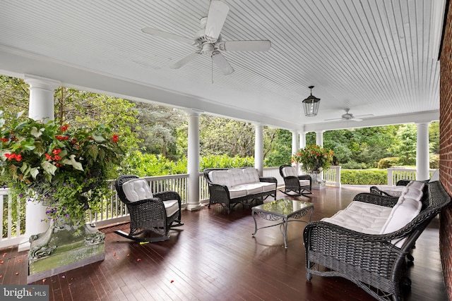 exterior space featuring ceiling fan