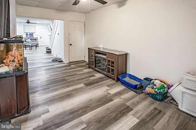 interior space featuring a paneled ceiling, hardwood / wood-style flooring, and ceiling fan