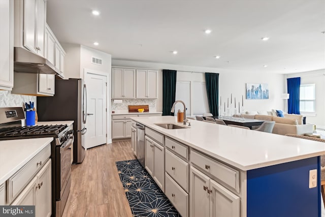 kitchen with decorative backsplash, a kitchen island with sink, light wood-type flooring, sink, and stainless steel appliances