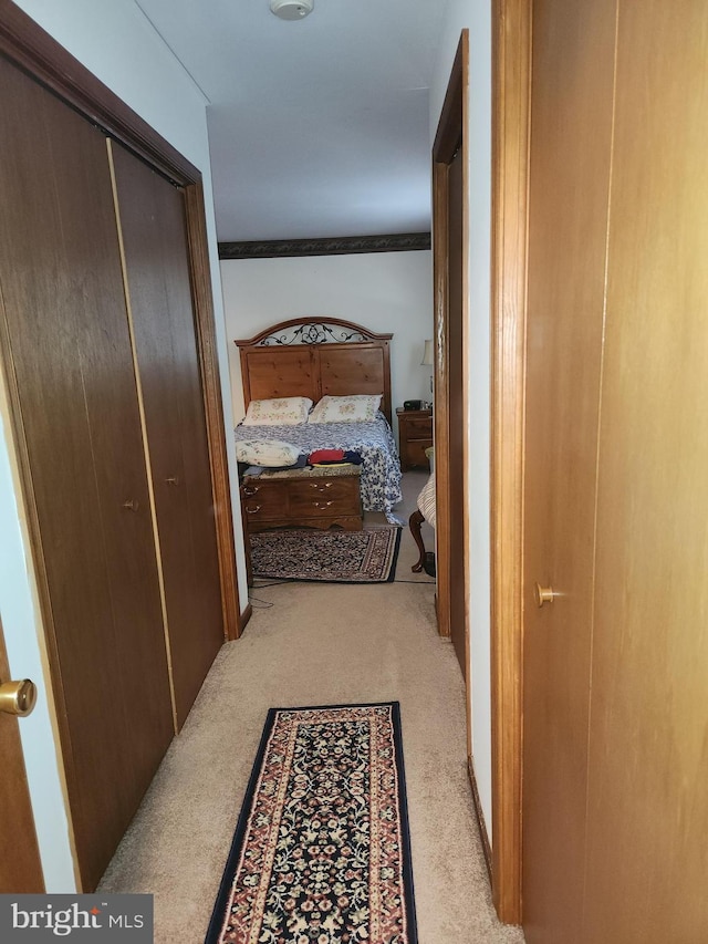 corridor with ornamental molding and light colored carpet