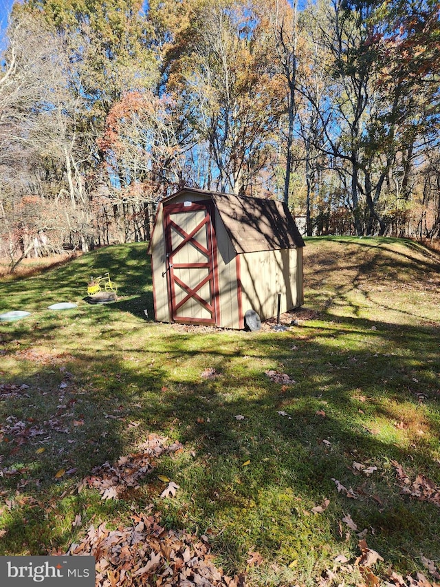 view of yard featuring a storage shed