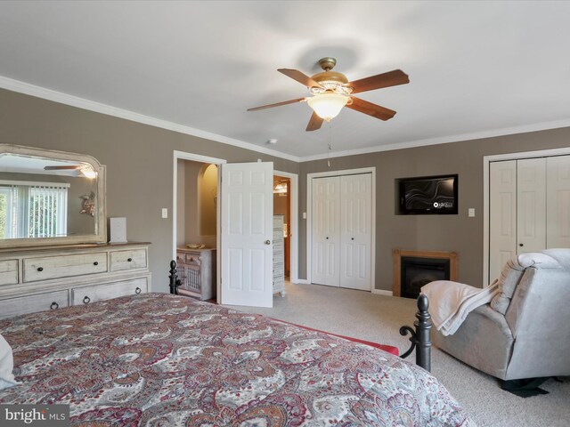 150 Depot Mills Dr, Gerrardstown, WV 25420 - bedroom featuring carpet floors, crown molding, a fireplace, two closets, and ceiling fan