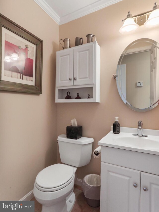 150 Depot Mills Dr, Gerrardstown, WV 25420 - half bath featuring vanity, crown molding, baseboards, and toilet