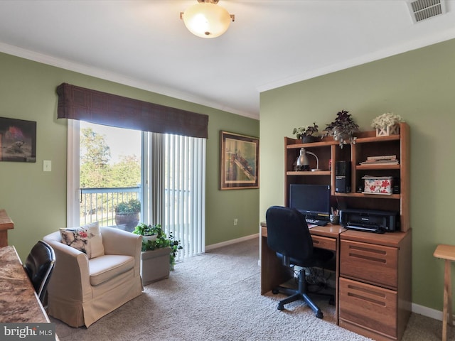 150 Depot Mills Dr, Gerrardstown, WV 25420 - home office with baseboards, visible vents, light colored carpet, and ornamental molding