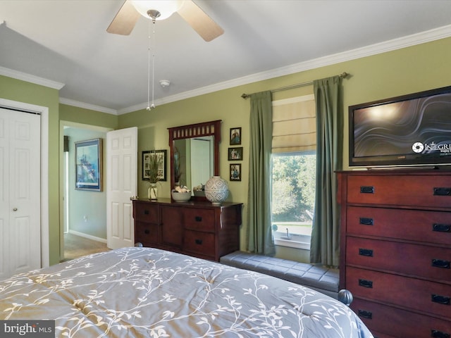 150 Depot Mills Dr, Gerrardstown, WV 25420 - bedroom with baseboards, carpet, a closet, ceiling fan, and crown molding