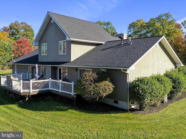 150 Depot Mills Dr, Gerrardstown, WV 25420 - back of house featuring crawl space, a chimney, a deck, a shingled roof, and a yard