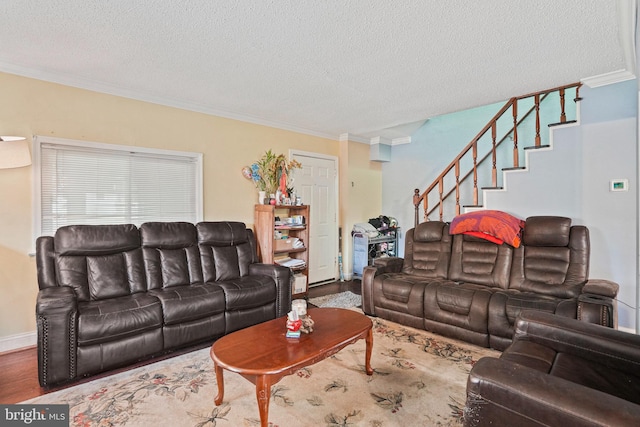 living room featuring hardwood / wood-style flooring, ornamental molding, and a textured ceiling