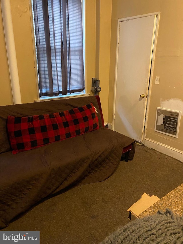 bedroom featuring heating unit and carpet floors