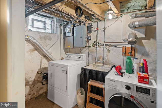 washroom with electric panel and separate washer and dryer