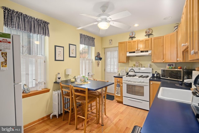 kitchen featuring light hardwood / wood-style flooring, ceiling fan, a wealth of natural light, and white appliances