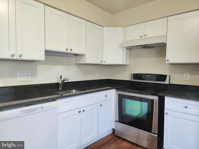 kitchen featuring dishwasher, dark hardwood / wood-style floors, stainless steel range with electric stovetop, sink, and white cabinetry