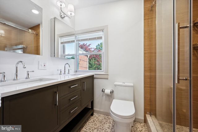 bathroom featuring vanity, toilet, and walk in shower