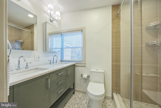 bathroom with toilet, vanity, and tiled shower