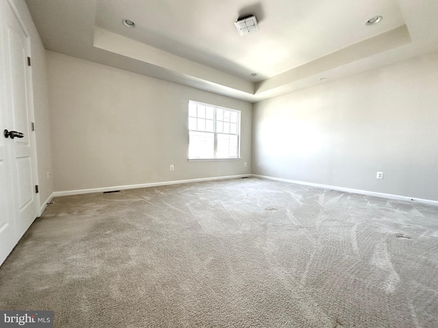 spare room featuring carpet flooring and a raised ceiling