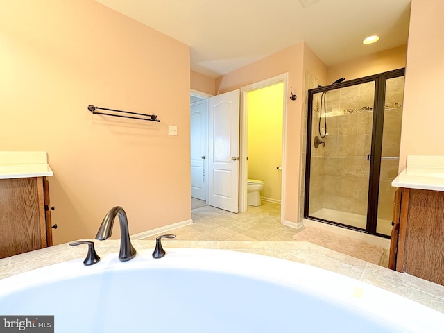 373 Northhampton Way, Middletown, DE 19709 - bathroom with recessed lighting, a shower stall, toilet, vanity, and baseboards