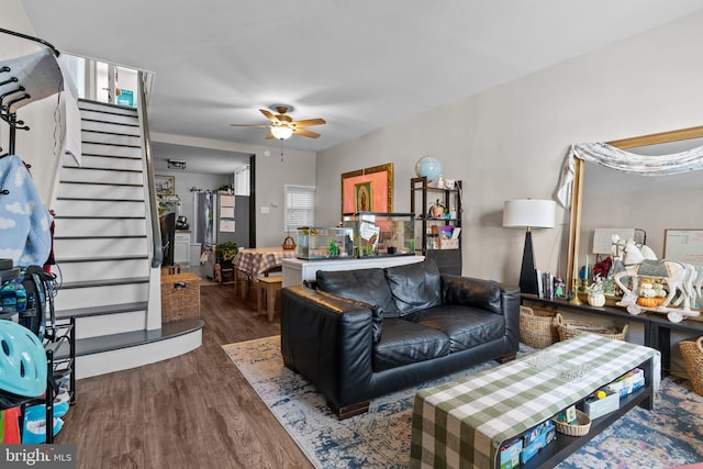 living room with ceiling fan and dark hardwood / wood-style flooring