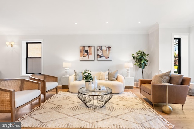 living room with light hardwood / wood-style flooring and ornamental molding