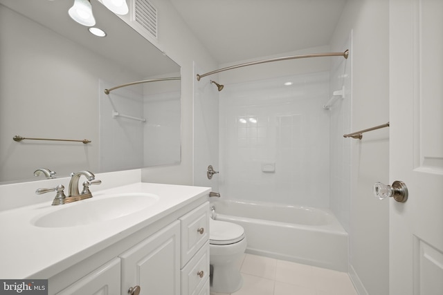 full bathroom featuring vanity, toilet, washtub / shower combination, and tile patterned flooring