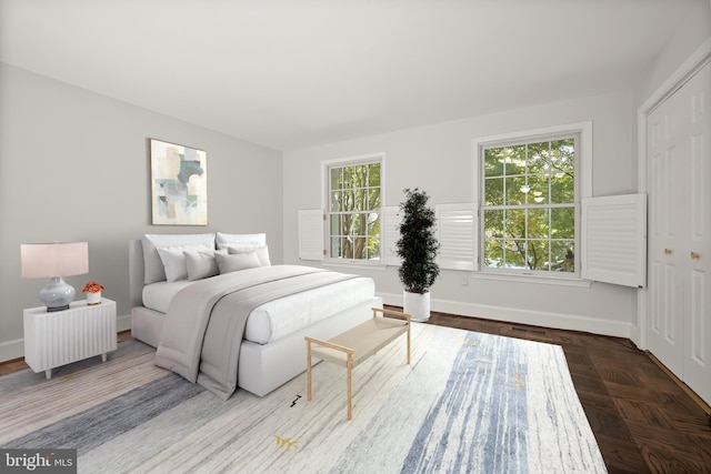 bedroom with parquet flooring, multiple windows, a closet, and radiator