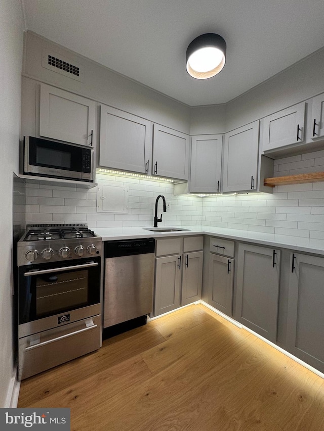 kitchen featuring backsplash, stainless steel appliances, sink, and light wood-type flooring