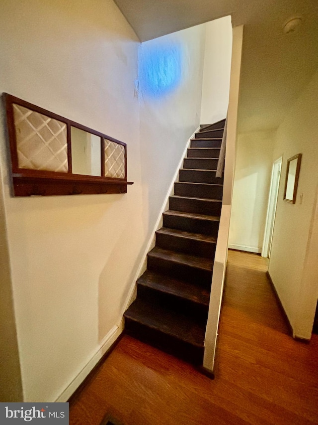 stairs with hardwood / wood-style flooring