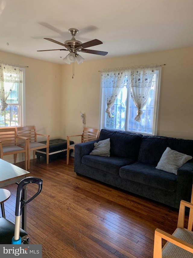 living room featuring dark wood-type flooring and ceiling fan