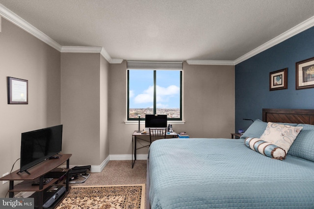 carpeted bedroom with ornamental molding, a textured ceiling, baseboards, and an office area