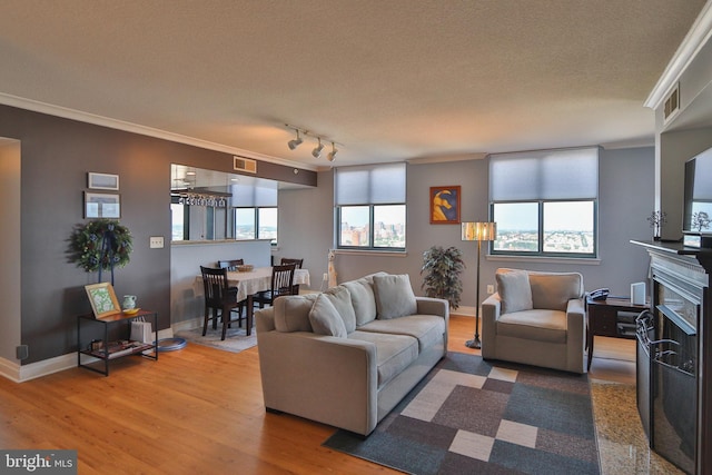 living room with a fireplace, hardwood / wood-style flooring, a textured ceiling, and ornamental molding