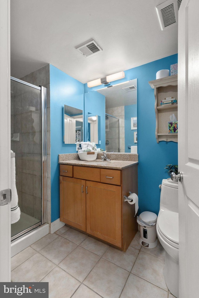 bathroom with tile patterned floors, a shower stall, vanity, and toilet