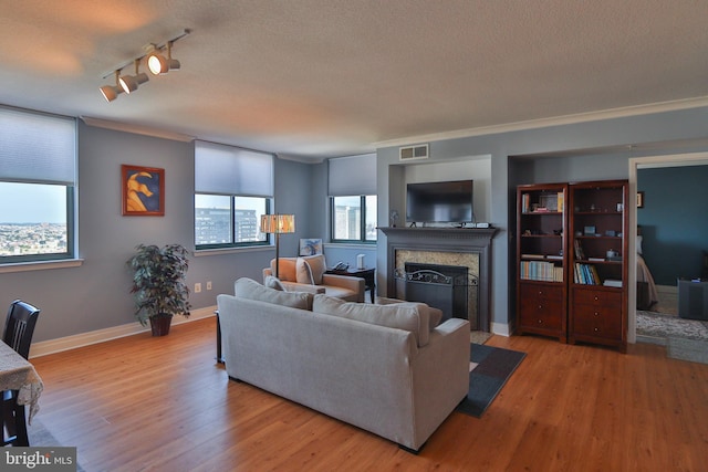 living room with light hardwood / wood-style flooring, rail lighting, and a textured ceiling