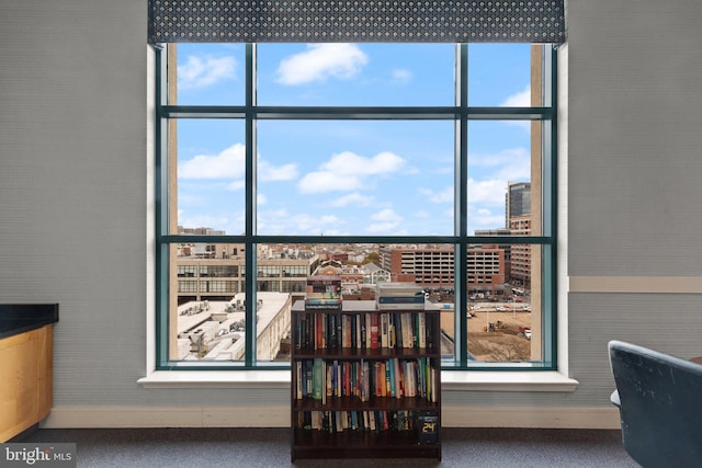 detailed view of carpet floors, a city view, and baseboards