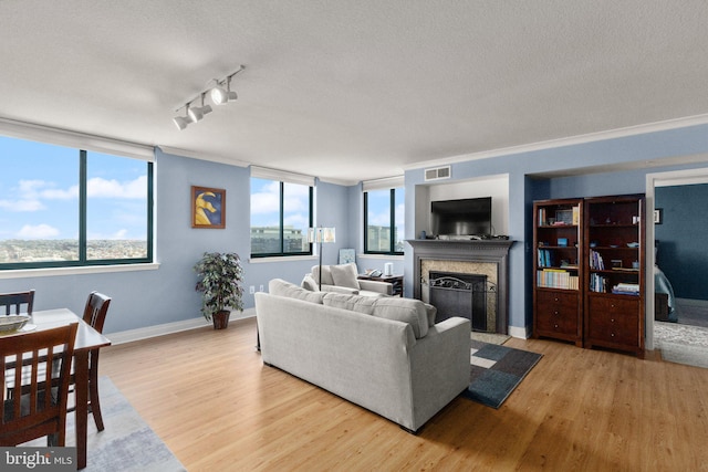 living area featuring a fireplace with flush hearth, wood finished floors, baseboards, rail lighting, and a textured ceiling