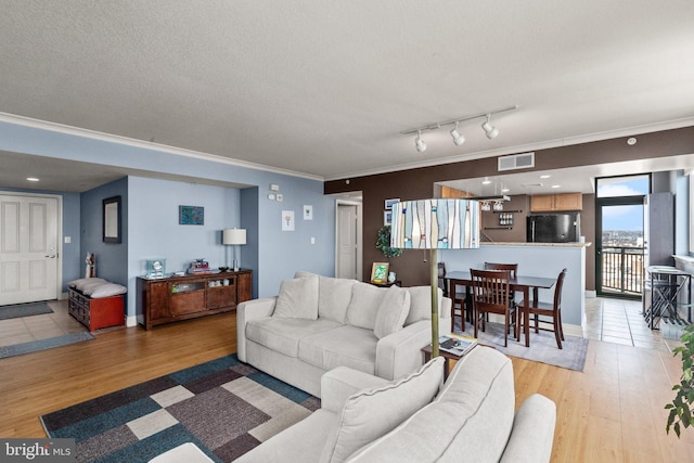 living area featuring light wood-type flooring, crown molding, a textured ceiling, and track lighting