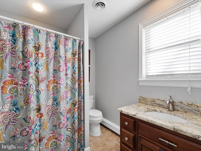 bathroom featuring vanity, a baseboard heating unit, curtained shower, and toilet