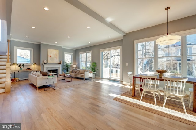 living room featuring ornamental molding and light hardwood / wood-style floors