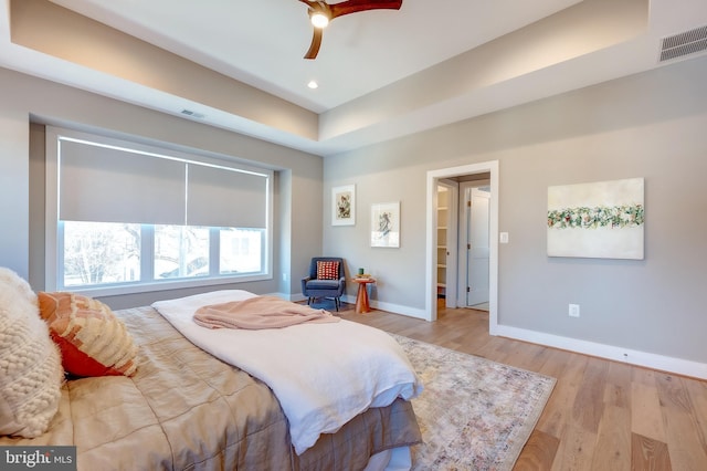 bedroom featuring ceiling fan and light wood-type flooring