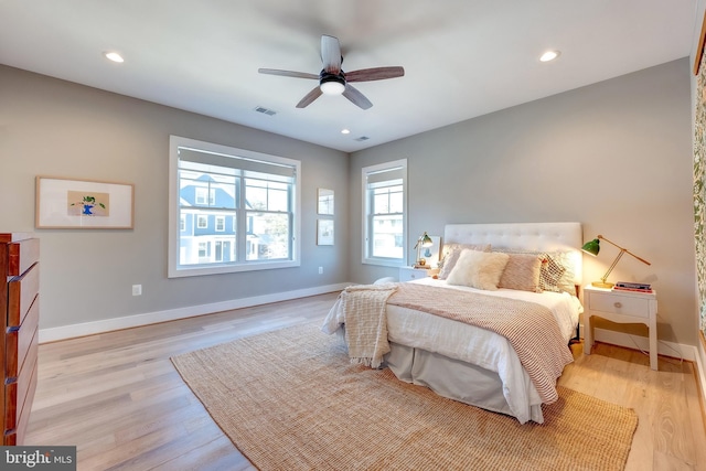 bedroom featuring ceiling fan and light wood-type flooring