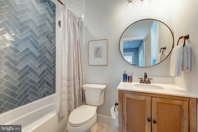 full bathroom with vanity, toilet, and shower / bath combo with shower curtain