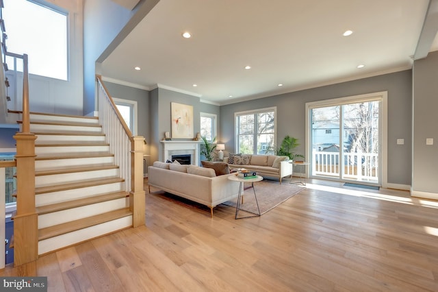 living room with ornamental molding and light hardwood / wood-style flooring