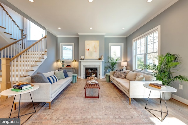 living room with crown molding and light hardwood / wood-style flooring