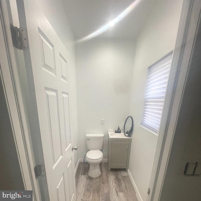 bathroom featuring vanity, hardwood / wood-style flooring, and toilet