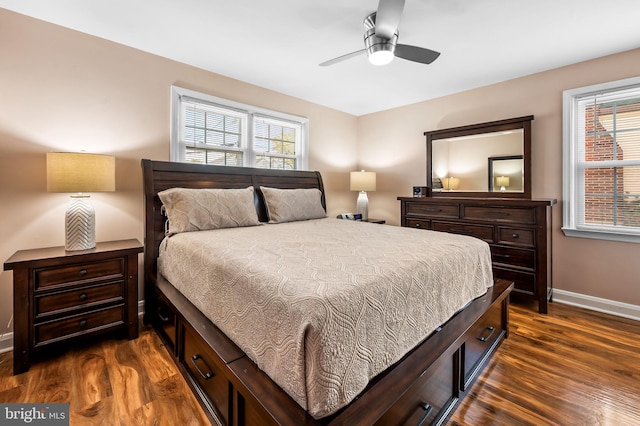 bedroom featuring dark wood-type flooring and ceiling fan