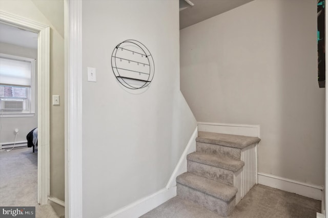 stairway with baseboard heating and carpet