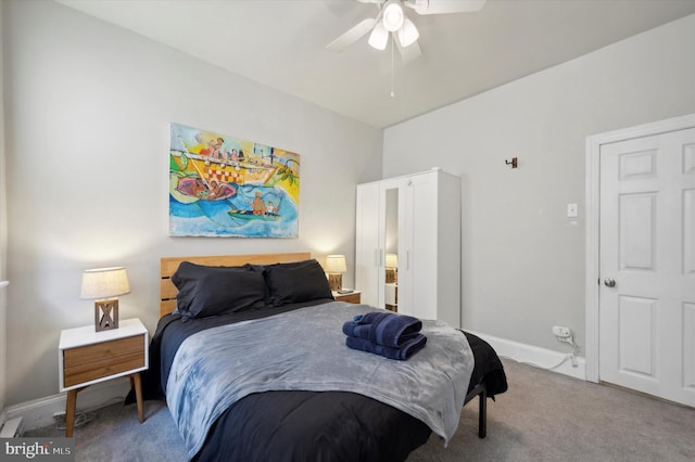 bedroom featuring carpet floors and ceiling fan