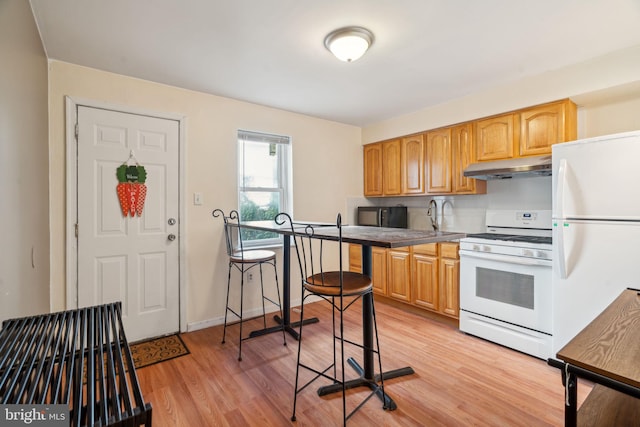 kitchen featuring light hardwood / wood-style floors, sink, and white appliances