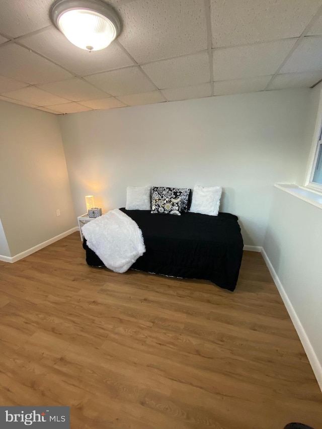 living area with hardwood / wood-style floors and a drop ceiling