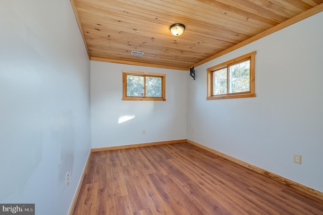 spare room with hardwood / wood-style floors, wooden ceiling, and a wealth of natural light